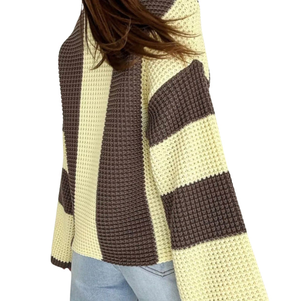 Cozy Color Block Oversized Sweater featuring a relaxed fit with brown and cream stripes, perfect for layering.