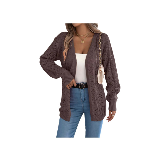 Openwork Knit Open-Front Cardigan – Lightweight Long Sleeve Layering Sweater worn with casual outfit featuring jeans and a top.