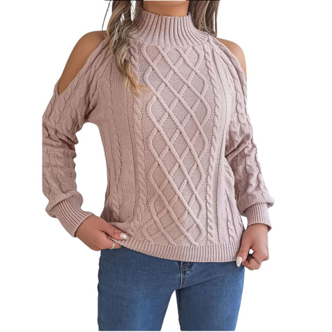 Cable Knit Cold Shoulder Turtleneck Sweater worn with denim, highlighting its cozy, stylish design and cold-shoulder cutouts.