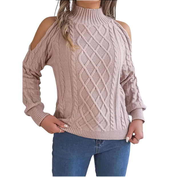 Cable Knit Cold Shoulder Turtleneck Sweater worn with denim, highlighting its cozy, stylish design and cold-shoulder cutouts.
