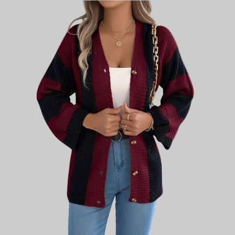 Cozy Color Block Button-Up Cardigan – Long Sleeve Knit Sweater
