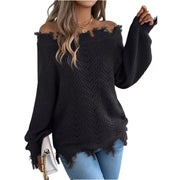 Distressed Hem Openwork Off-Shoulder Sweater – Relaxed Knit in black worn with jeans and stylish accessories.