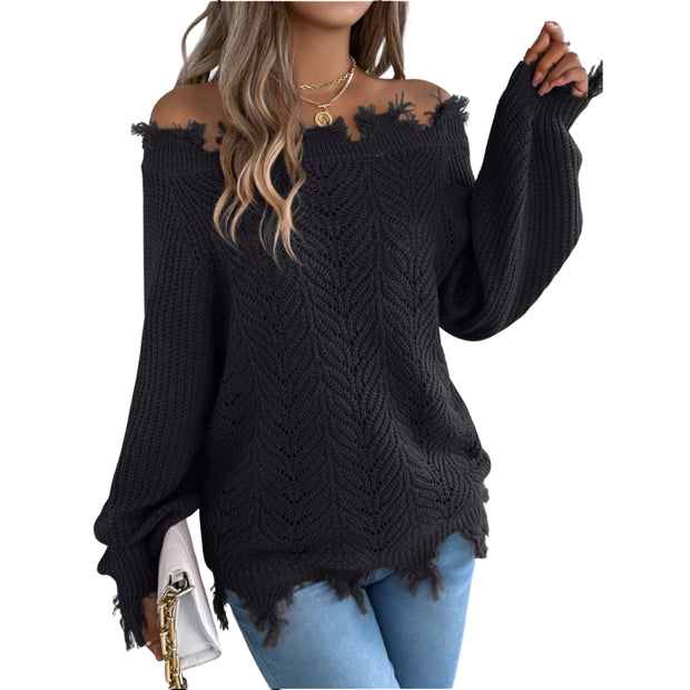 Distressed Hem Openwork Off-Shoulder Sweater – Relaxed Knit in black worn with jeans and stylish accessories.