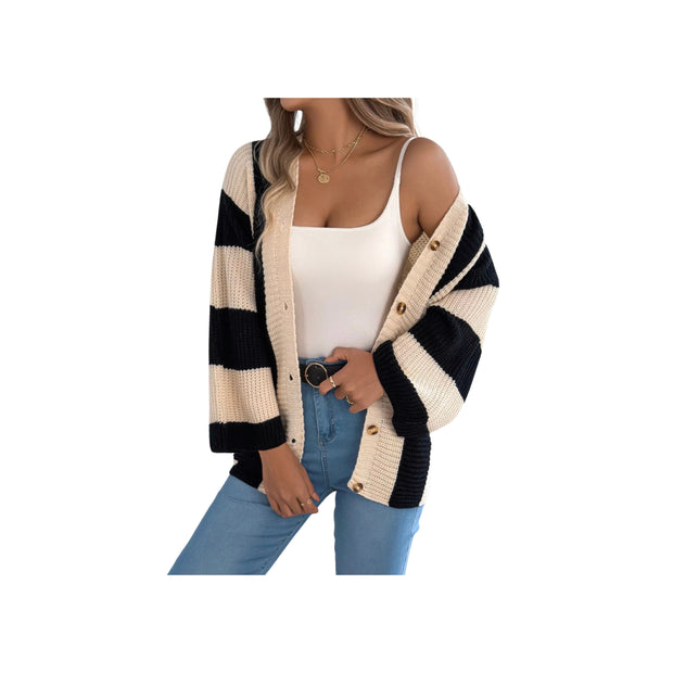 Cozy Color Block Button-Up Cardigan – Long Sleeve Knit Sweater featuring black and beige stripes, worn with a white top.