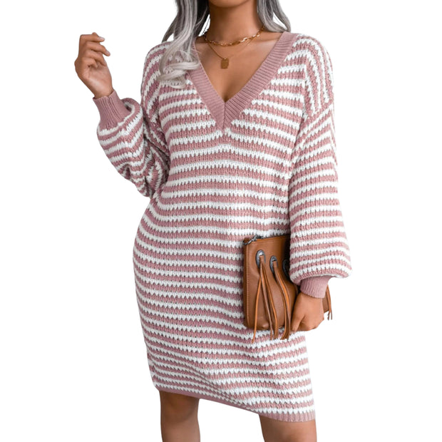 Striped Ribbed V-Neck Sweater Dress – Long Sleeve Knit in pink and white, featuring a V-neckline and long sleeves.