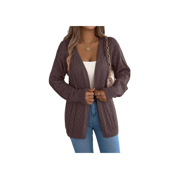 Openwork Knit Open-Front Cardigan – Lightweight Long Sleeve Layering Sweater in brown, styled over a white top and blue jeans.