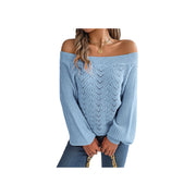 Trendy Openwork Off-Shoulder Knit Sweater – Cozy Fall Long Sleeve Top in light blue color, perfect for layering and stylish outfits.