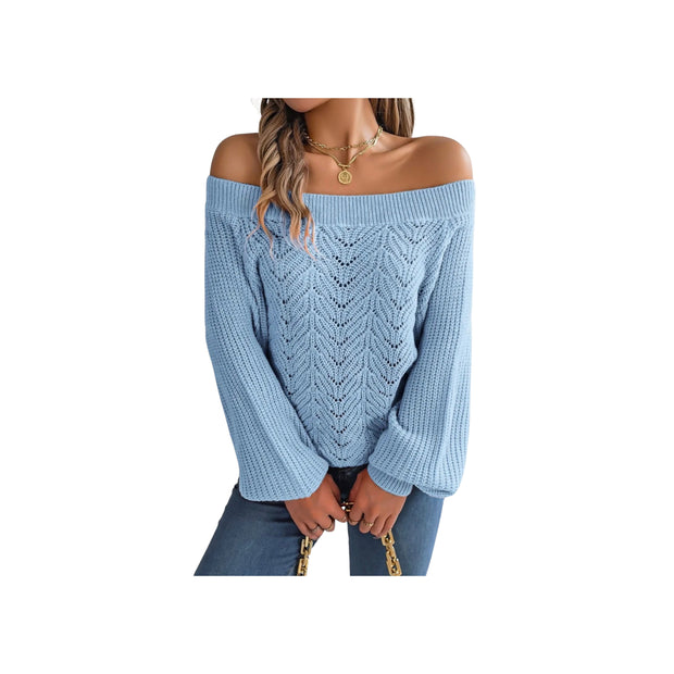 Trendy Openwork Off-Shoulder Knit Sweater – Cozy Fall Long Sleeve Top in light blue color, perfect for layering and stylish outfits.