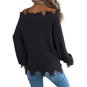 Distressed Hem Openwork Off-Shoulder Sweater – Relaxed Knit featuring edgy raw hemline and slouchy off-shoulder design.