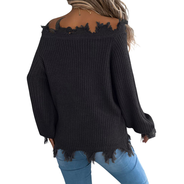 Distressed Hem Openwork Off-Shoulder Sweater – Relaxed Knit featuring edgy raw hemline and slouchy off-shoulder design.
