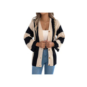 Cozy Color Block Button-Up Cardigan – Long Sleeve Knit Sweater featuring a stylish black and beige striped design.