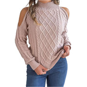 Cable Knit Cold Shoulder Turtleneck Sweater featuring stylish shoulder cutouts and cozy knit texture.