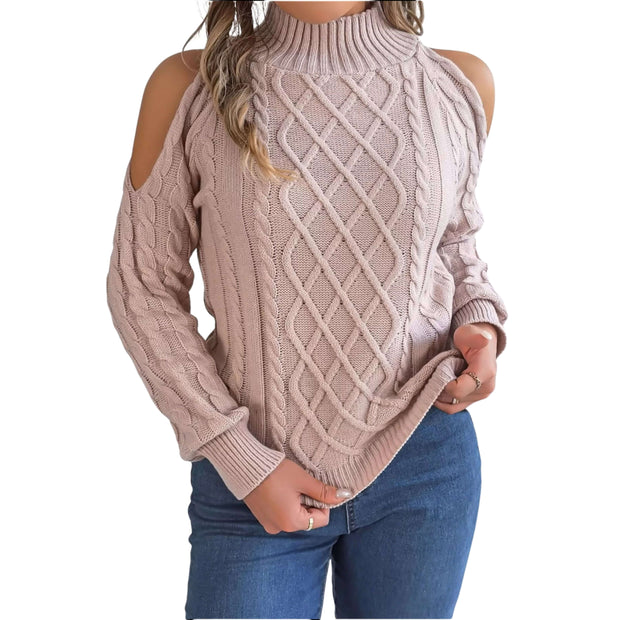 Cable Knit Cold Shoulder Turtleneck Sweater featuring stylish shoulder cutouts and cozy knit texture.