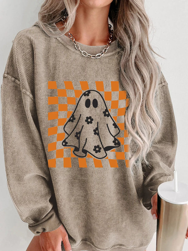 Halloween Checkerboard Ghost Graphic Sweatshirt – Spooky Floral Corded Pullover worn by a model, featuring ghost graphic and floral accents.