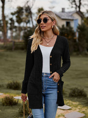 Ribbed Button-Up Cardigan with Pockets worn casually outdoors, featuring a stylish V-neck and pockets.
