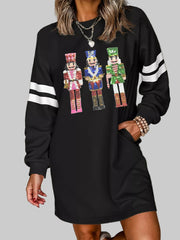 Christmas nutcracker sweatshirt dress featuring colorful nutcracker designs and stylish stripes.