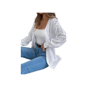 Openwork Knit Open-Front Cardigan – Lightweight Long Sleeve Layering Sweater styled over a fitted top and casual jeans.
