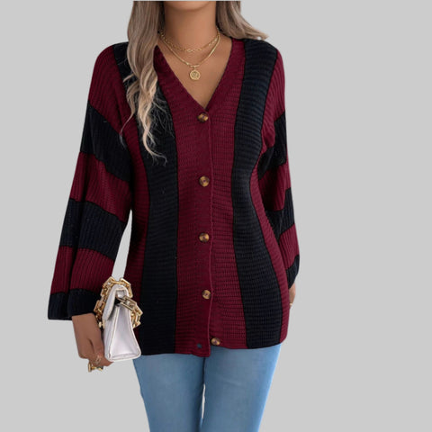 Cozy Color Block Button-Up Cardigan – Long Sleeve Knit Sweater