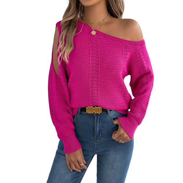 One-Shoulder Openwork Cutout Long Sleeve Sweater – Chic Knit Pullover in bright pink with openwork detailing.
