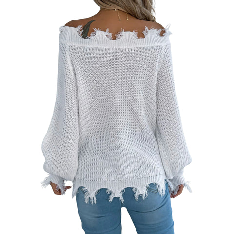 Distressed Hem Openwork Off-Shoulder Sweater – Relaxed Knit shown in white, featuring fringe details and a slouchy fit.