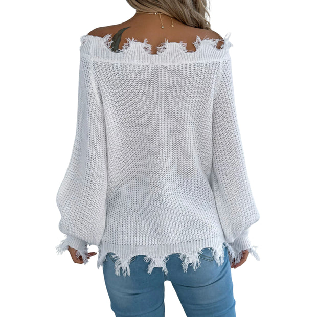 Distressed Hem Openwork Off-Shoulder Sweater – Relaxed Knit shown in white, featuring fringe details and a slouchy fit.