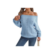 Trendy Openwork Off-Shoulder Knit Sweater – Cozy Fall Long Sleeve Top in light blue worn with jeans.