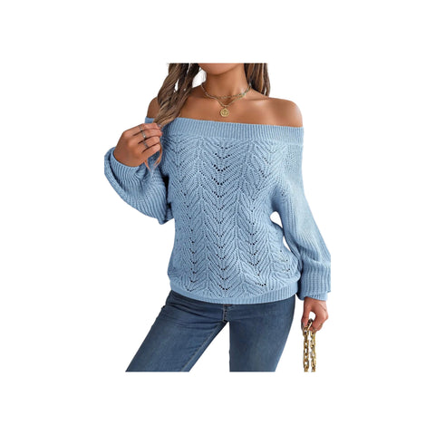 Trendy Openwork Off-Shoulder Knit Sweater – Cozy Fall Long Sleeve Top in light blue worn with jeans.
