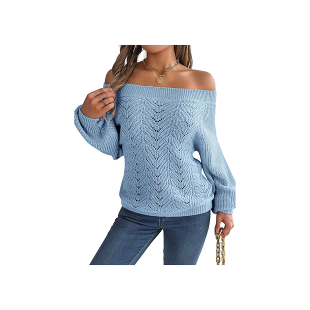 Trendy Openwork Off-Shoulder Knit Sweater – Cozy Fall Long Sleeve Top in light blue worn with jeans.