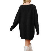 V-Neck Dropped Shoulder Sweater Dress – Cozy Knit Style in black, showcasing a relaxed fit and dropped shoulder design.