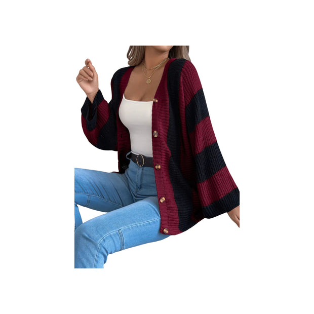 Cozy Color Block Button-Up Cardigan – Long Sleeve Knit Sweater featuring a stylish red and black design.