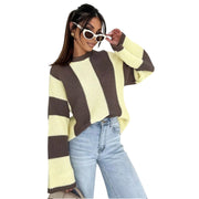 Cozy Color Block Oversized Sweater in yellow and brown stripes, offering a relaxed fit and trendy style.