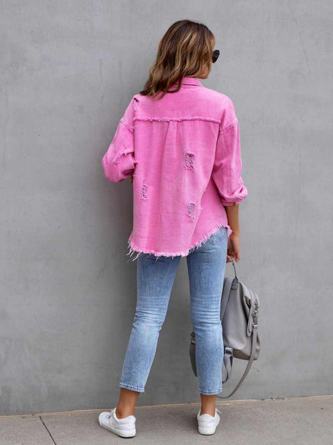 Distressed Fringe Denim Jacket-pink-back-view.jpg