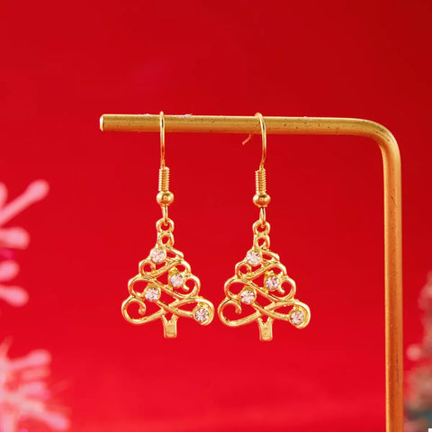 18K Gold Christmas Tree Earrings featuring shimmering rhinestones, perfect for festive holiday glam.