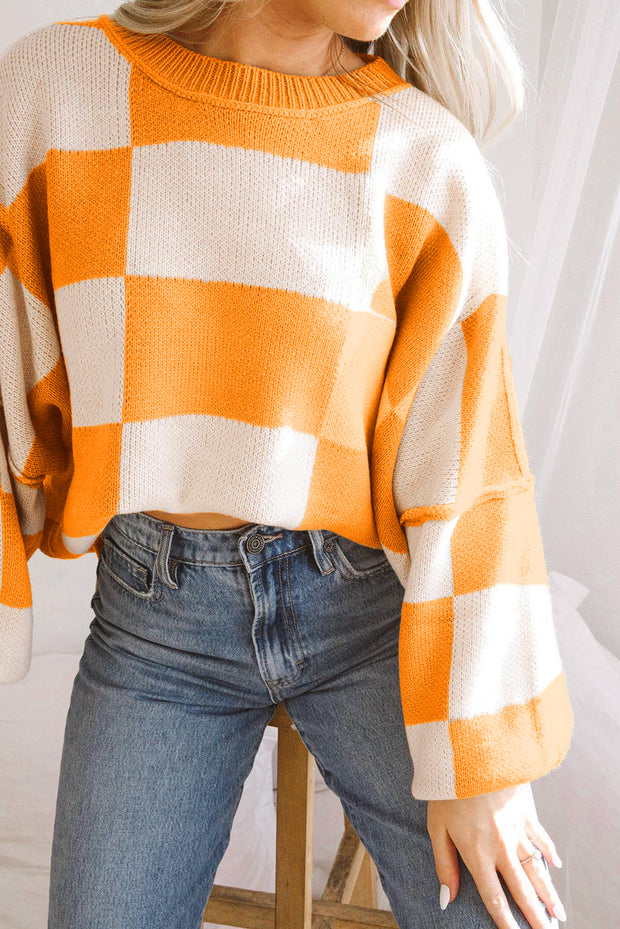 Orange Checkered Knit Bishop Sleeve Sweater