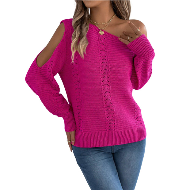 One-Shoulder Openwork Cutout Long Sleeve Sweater – Chic Knit Pullover in vibrant pink, featuring elegant openwork knit details.