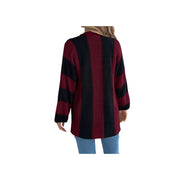 Cozy Color Block Button-Up Cardigan – Long Sleeve Knit Sweater in burgundy and black stripes, back view.