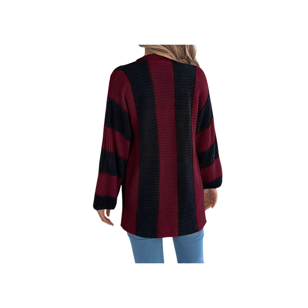 Cozy Color Block Button-Up Cardigan – Long Sleeve Knit Sweater in burgundy and black stripes, back view.