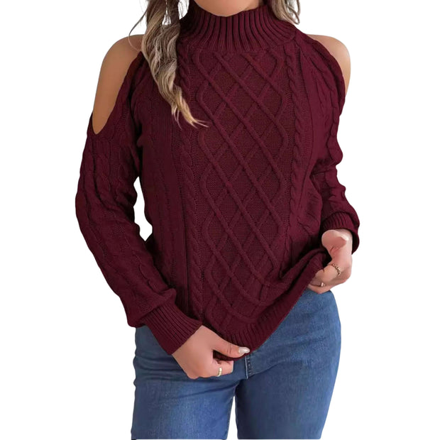Model wearing a Cable Knit Cold Shoulder Turtleneck Sweater in burgundy, showcasing stylish shoulder cutouts and a cozy design.