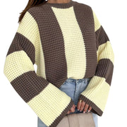 Cozy Color Block Oversized Sweater in yellow and brown stripes, featuring a relaxed fit and long sleeves, perfect for layering.