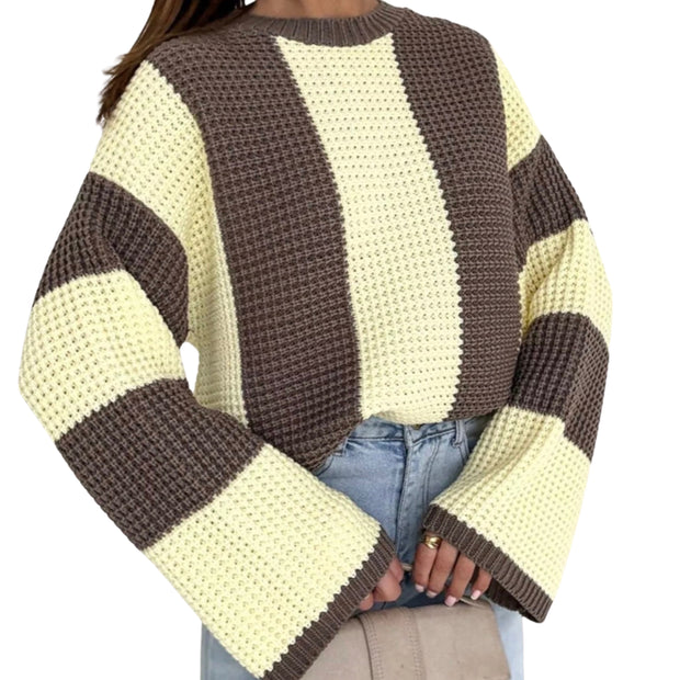 Cozy Color Block Oversized Sweater in yellow and brown stripes, featuring a relaxed fit and long sleeves, perfect for layering.