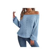 Trendy Openwork Off-Shoulder Knit Sweater – Cozy Fall Long Sleeve Top in light blue worn with jeans.