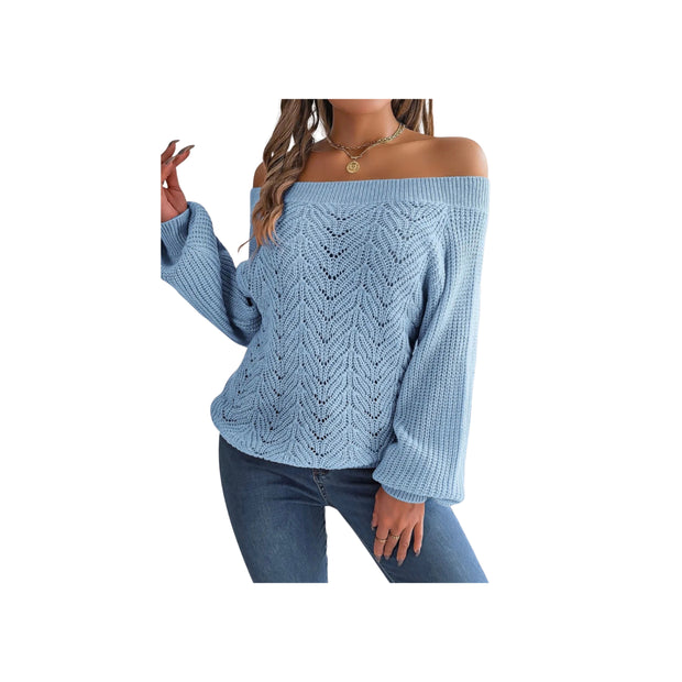Trendy Openwork Off-Shoulder Knit Sweater – Cozy Fall Long Sleeve Top in light blue worn with jeans.