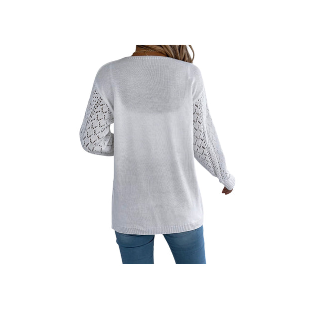 Openwork Knit Open-Front Cardigan – Lightweight Long Sleeve Layering Sweater shown from the back view with openwork knit detailing.