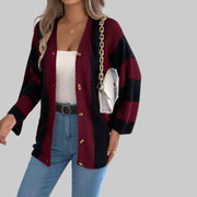 Cozy Color Block Button-Up Cardigan – Long Sleeve Knit Sweater