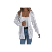 Openwork Knit Open-Front Cardigan – Lightweight Long Sleeve Layering Sweater styled with jeans and a white top.