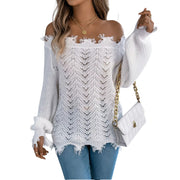 Distressed Hem Openwork Off-Shoulder Sweater – Relaxed Knit styled with jeans and a handbag.