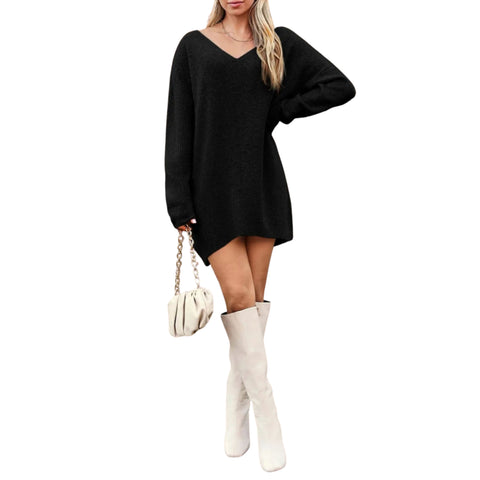 V-Neck Dropped Shoulder Sweater Dress – Cozy Knit Style in black, worn with knee-high white boots, featuring a relaxed fit.