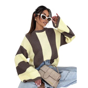 Cozy Color Block Oversized Sweater featuring a mix of brown and yellow stripes, perfect for a relaxed style.
