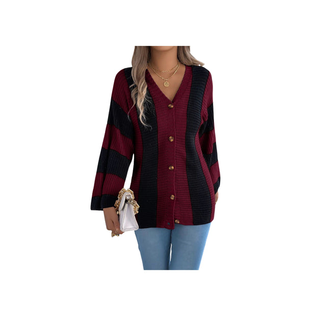 Cozy Color Block Button-Up Cardigan – Long Sleeve Knit Sweater in red and black stripes, perfect for stylish layering.