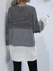 Color Block Round Neck Oversized Sweater with gray and white color blocks, showcasing an oversized fit and relaxed style.